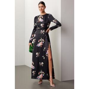 Black Floral Long-Sleeve Maxi Dress with Side Slit